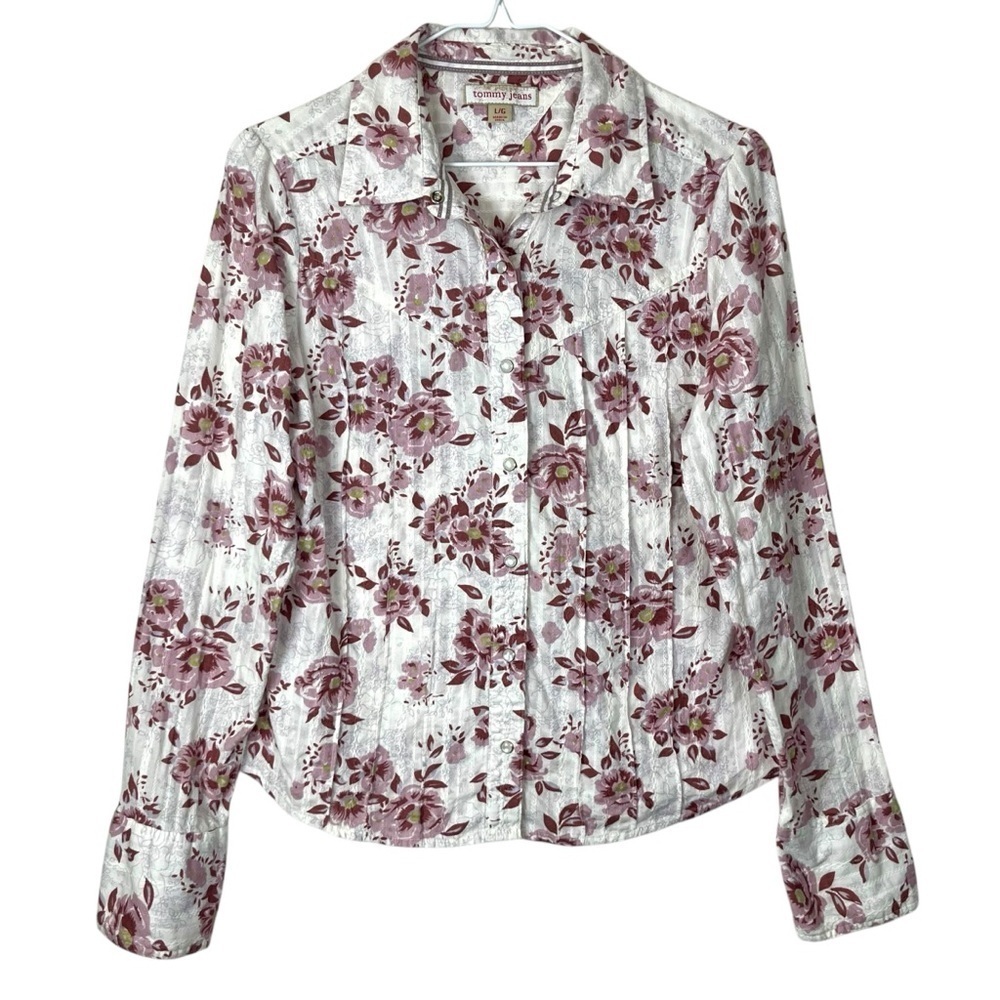 Rare Vintage Y2K Tommy Jeans Floral Country Western Pearl Snap Blouse Sz Large